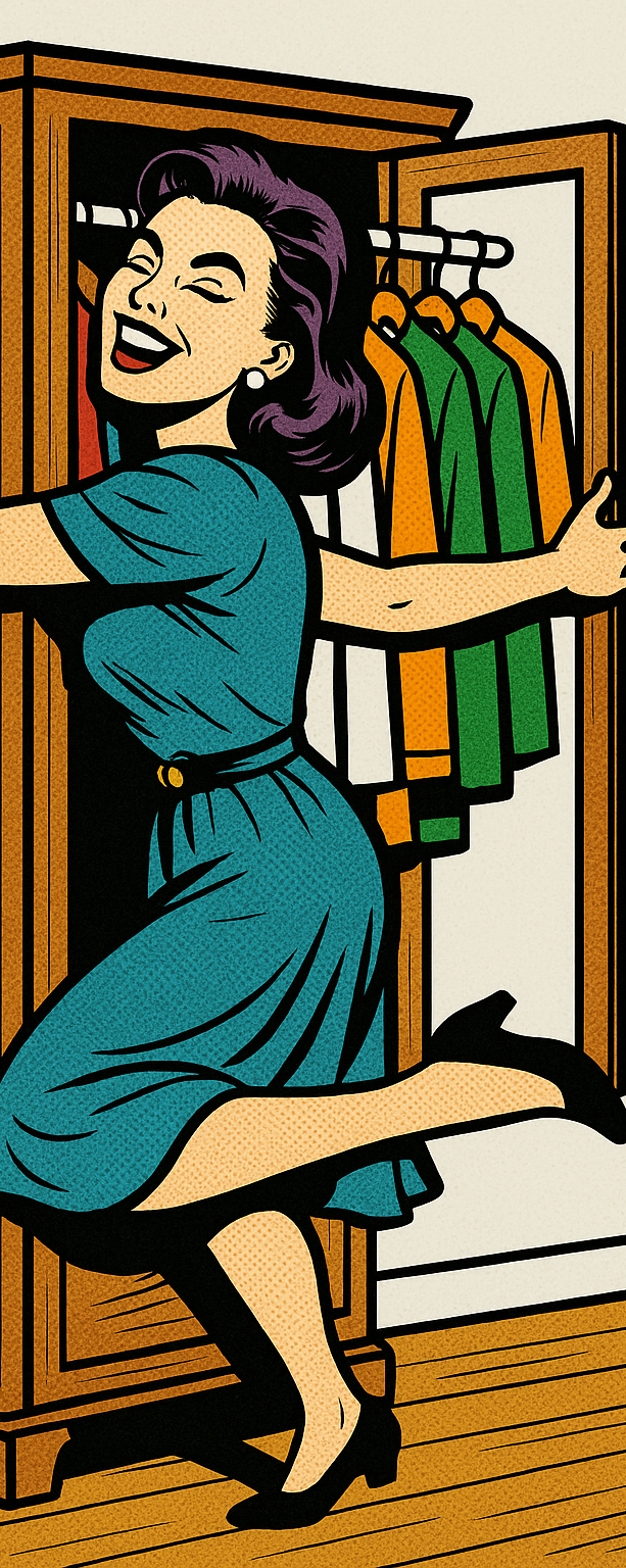 Ergebnis der Stilberatung Frau in einem Vintage-Kleid, die freudig ihren Kleiderschrank umarmt.