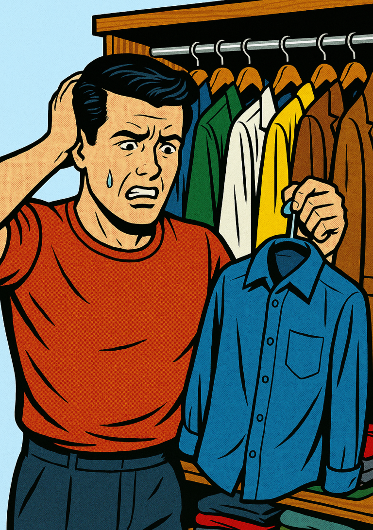 Kleiderschrank voll, aber nix anzuziehen? Ein wütender Mann Frau vor seinem Kleiderschrank ist unzufrieden mit seinem Stil