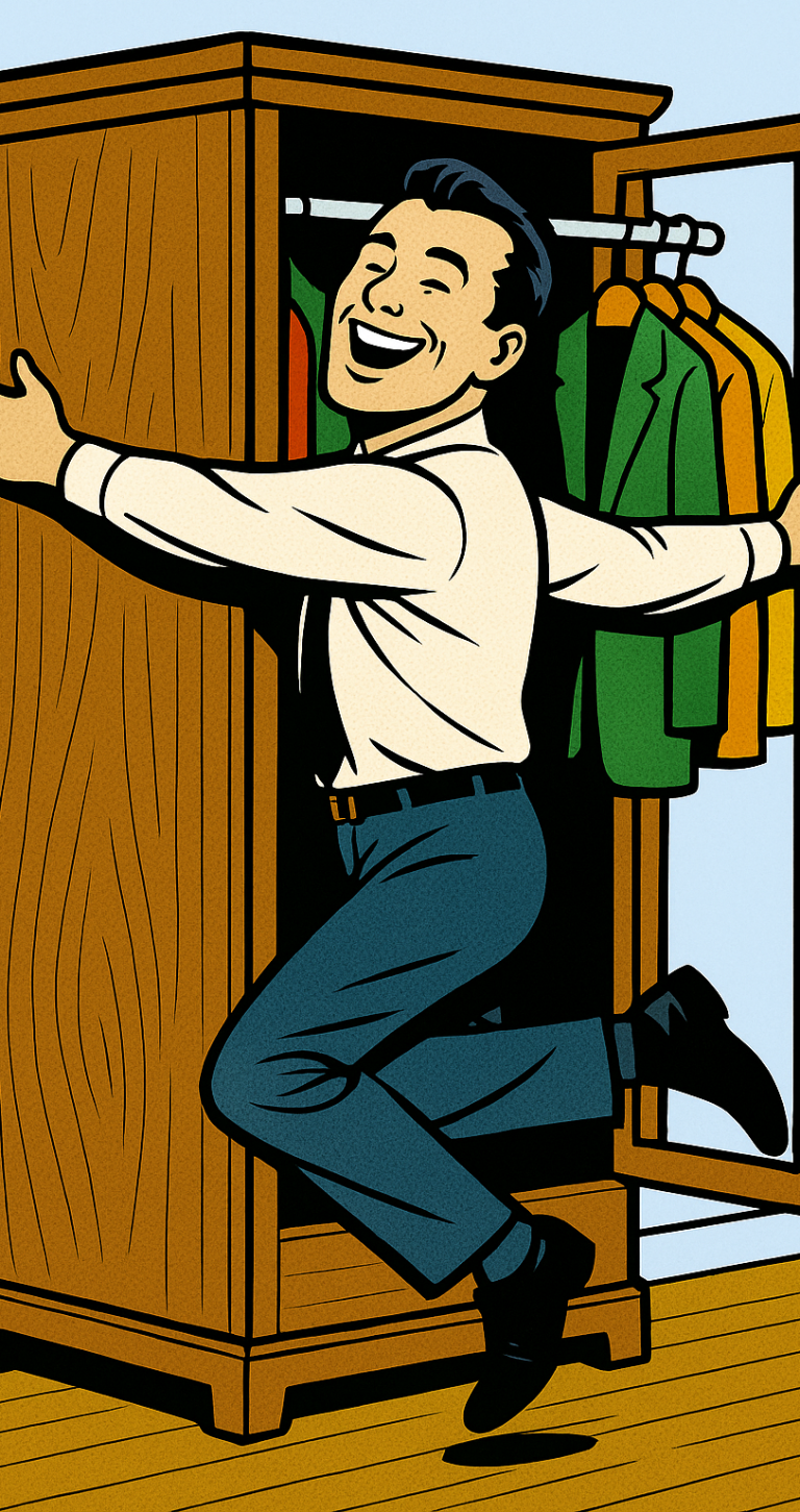 Ergebnis einer Stilberatung Mann umarmt seinen Kleiderschrank.